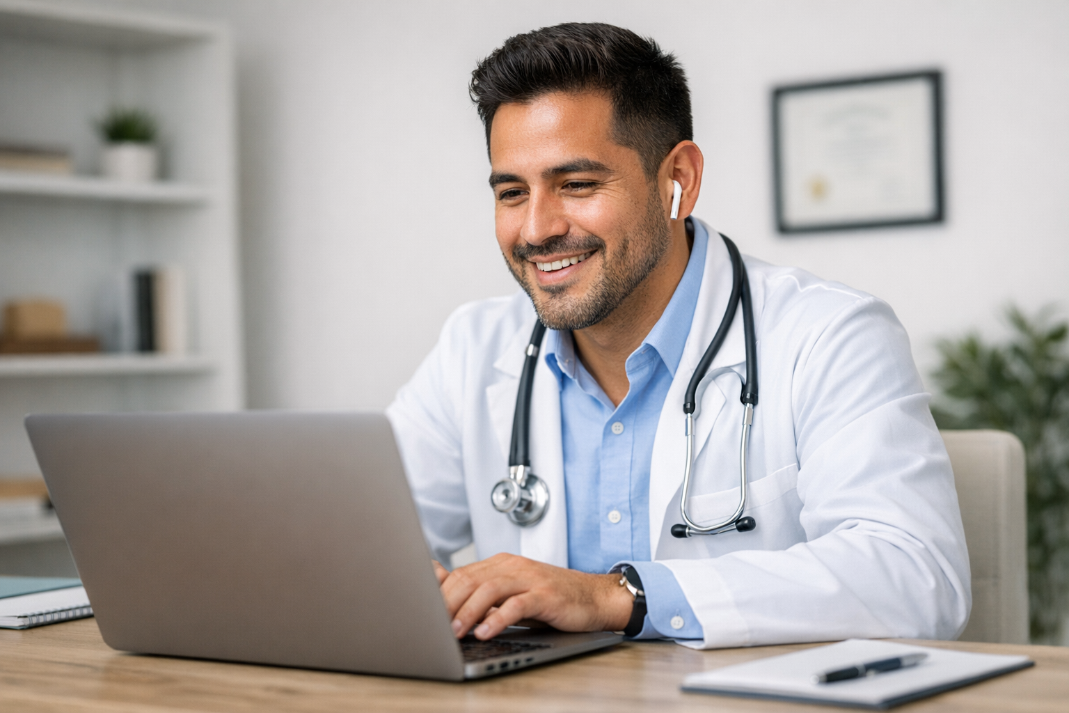 Médico latino en videollamada