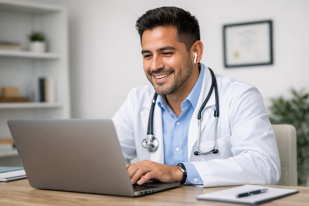 Médico latino en videollamada